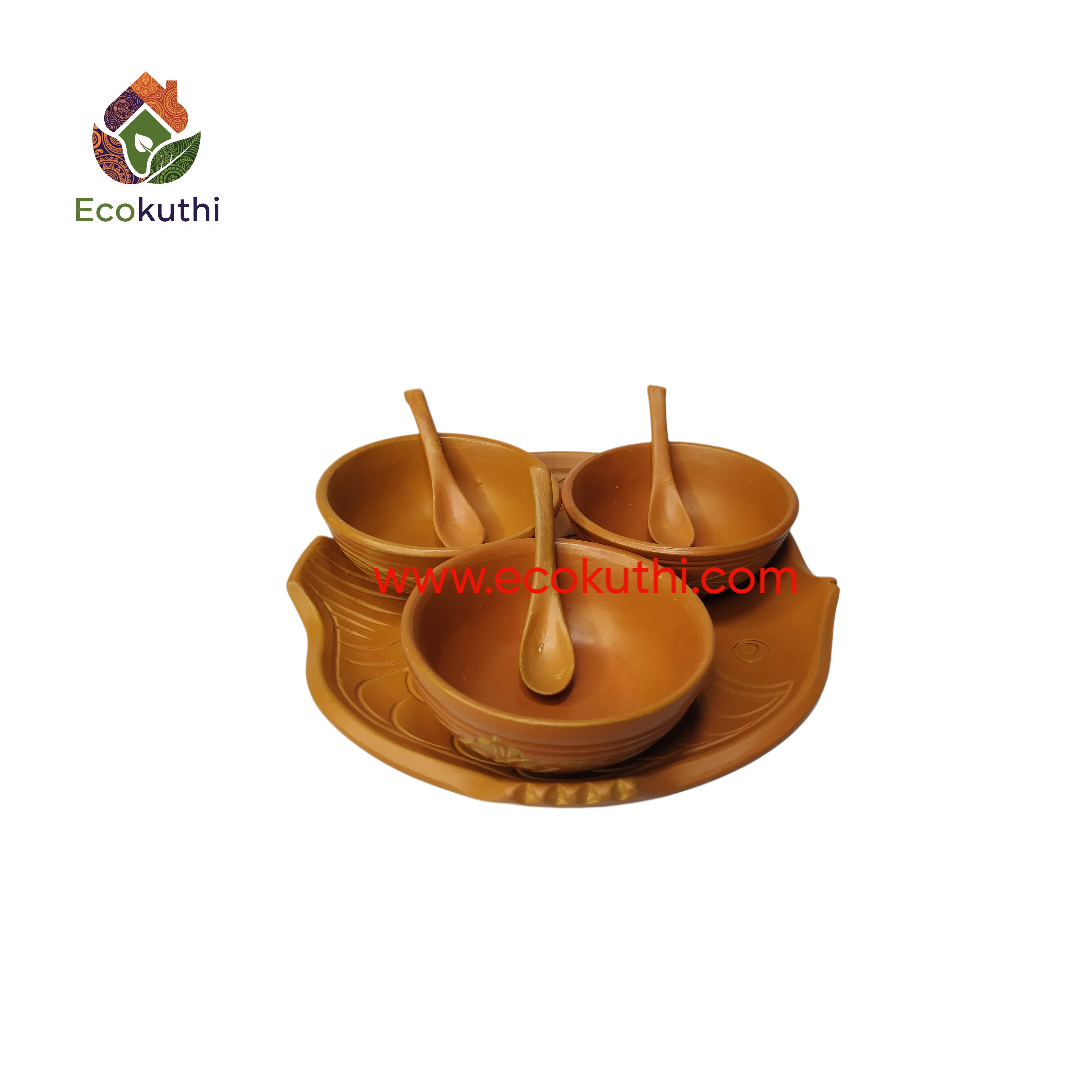 Clay Desrt bowl / Vorta Bati with spoon & Fish Tray