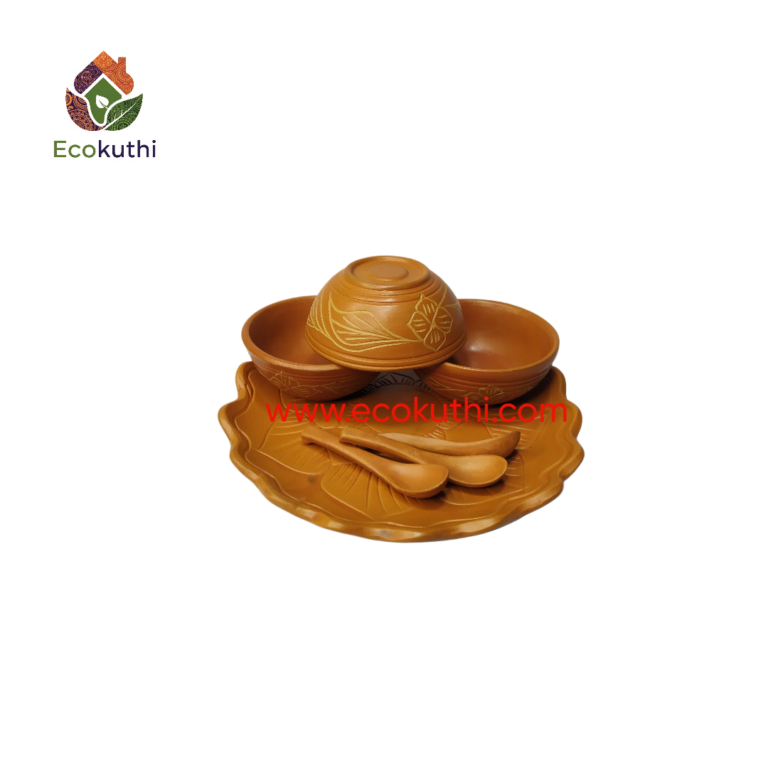 Clay Desrt bowl / Vorta Bati with spoon & Lotus Tray