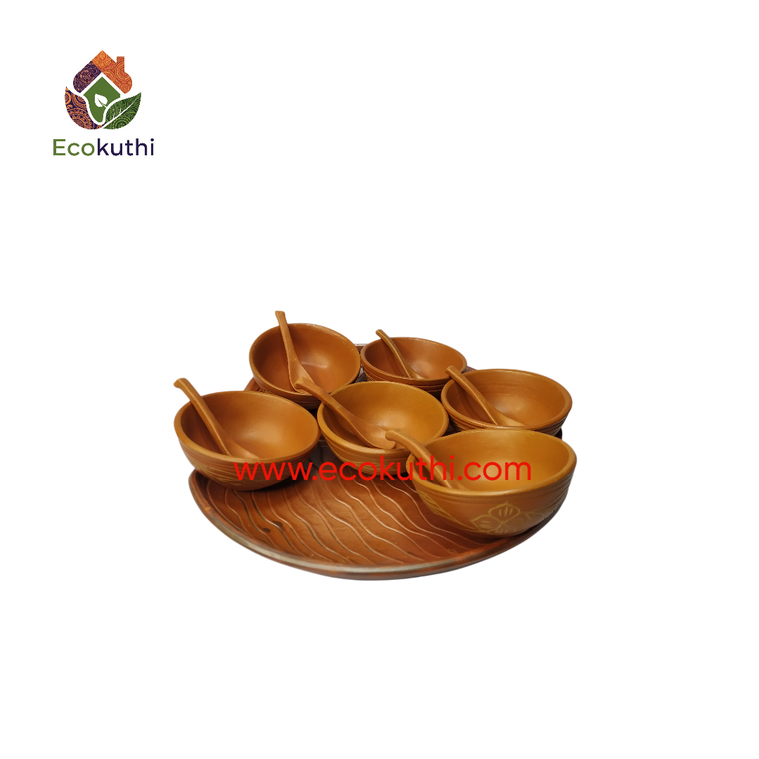 Clay Desrt bowl / Vorta Bati with 6 spoon & large Leaf Tray