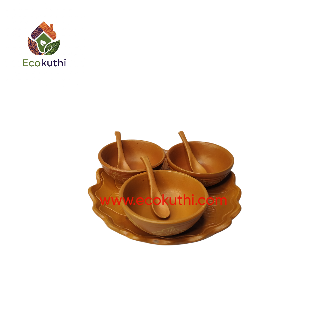 Clay Desrt bowl / Vorta Bati with 3 spoon & Lotus Tray
