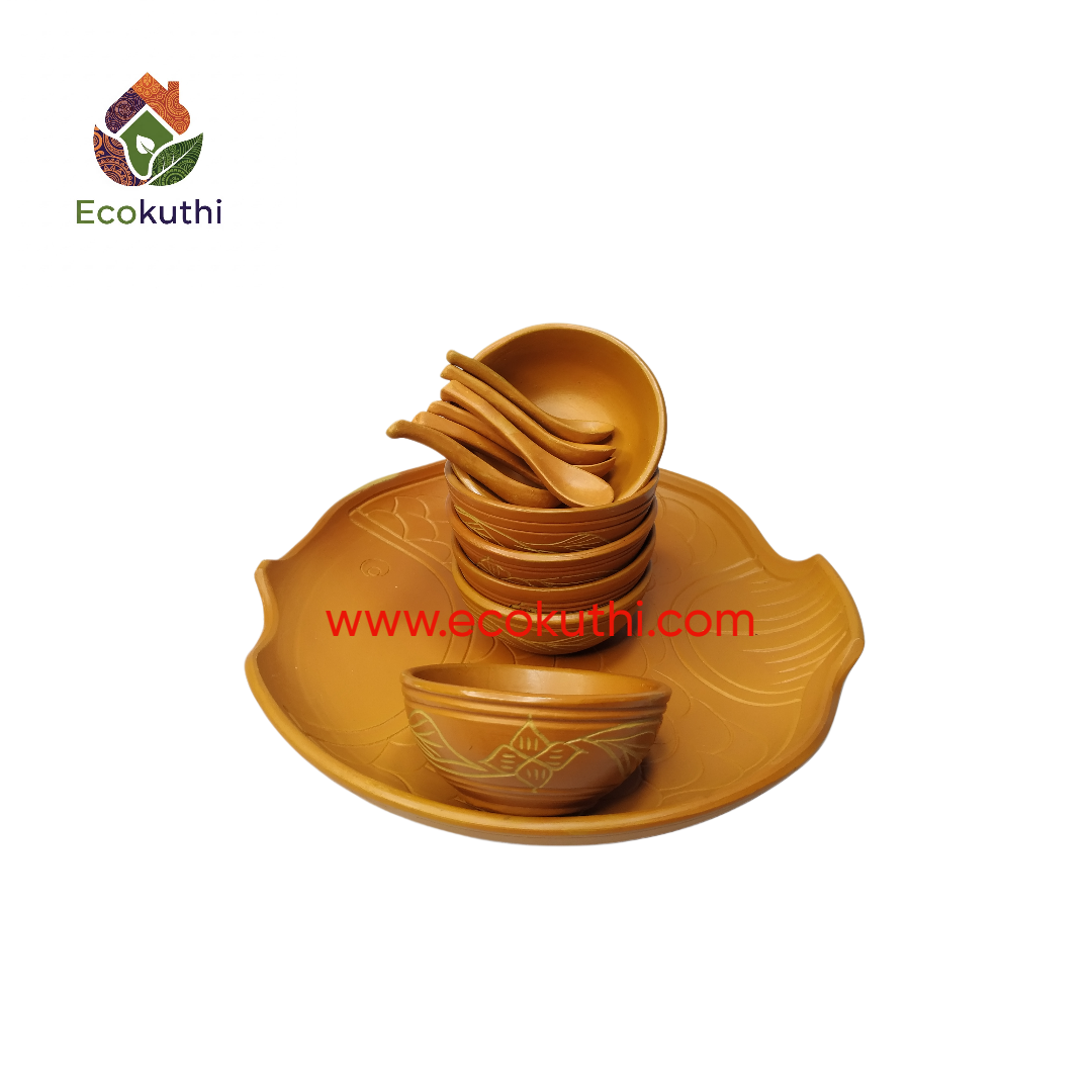Clay Desrt bowl / Vorta Bati with 6 Spoon & Fish Tray