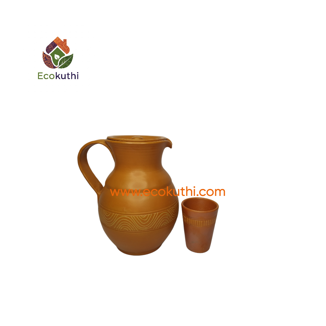 Handcrafted Clay Water Jug with 1 Free Glass ( Dew Design )